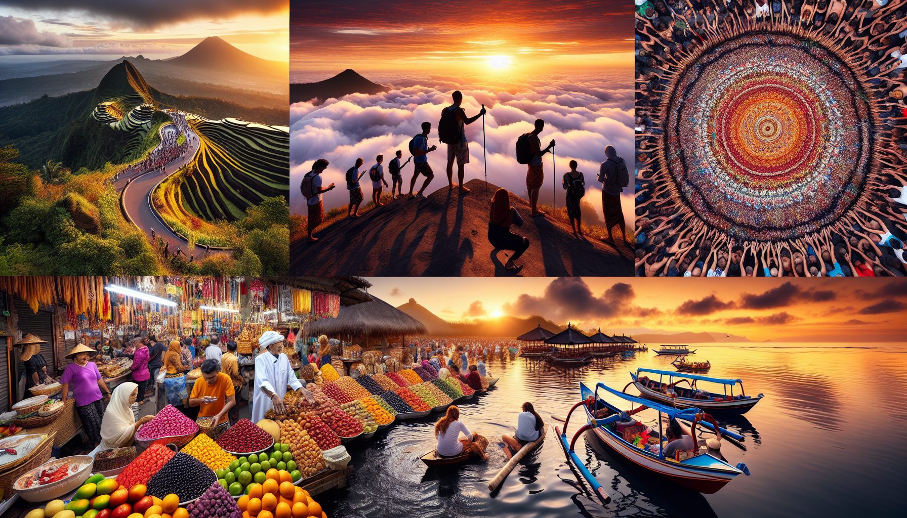 Create an image depicting a vibrant day in Bali: Start with an early morning scene showcasing a group of hikers ascending Mount Batur to catch the stunning sunrise. Below, illustrate a lively market f