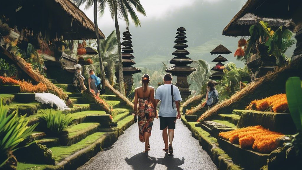 Create an image of a cheerful traveler exploring Bali on a budget. Show them enjoying free and affordable activities like hiking through lush rice terraces, visiting a traditional Balinese temple, rel