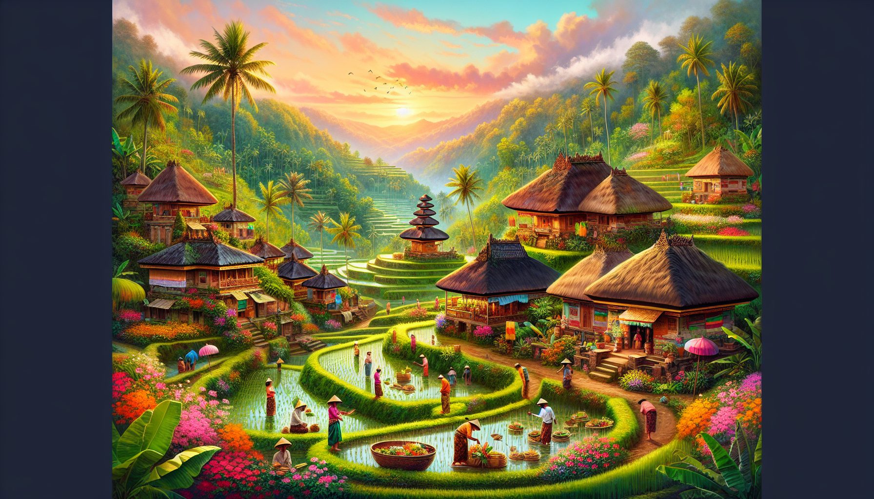 Create a vibrant and detailed image depicting the most picturesque villages in Bali, showcasing traditional Balinese architecture, lush green rice terraces, colorful tropical flowers, and majestic mou