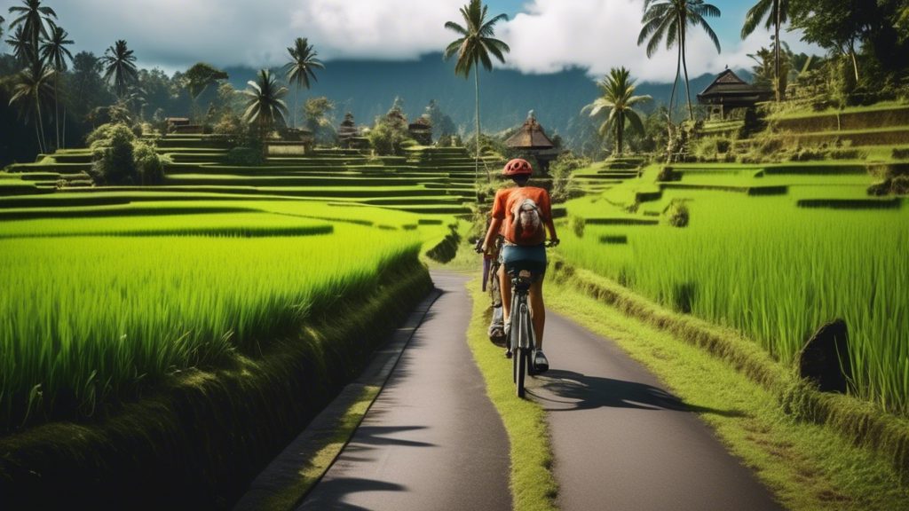 Create an image of a scenic cycling route in Bali. The path should be surrounded by lush, green rice terraces, with iconic Balinese landscape features such as terraced fields, distant mountains, and t