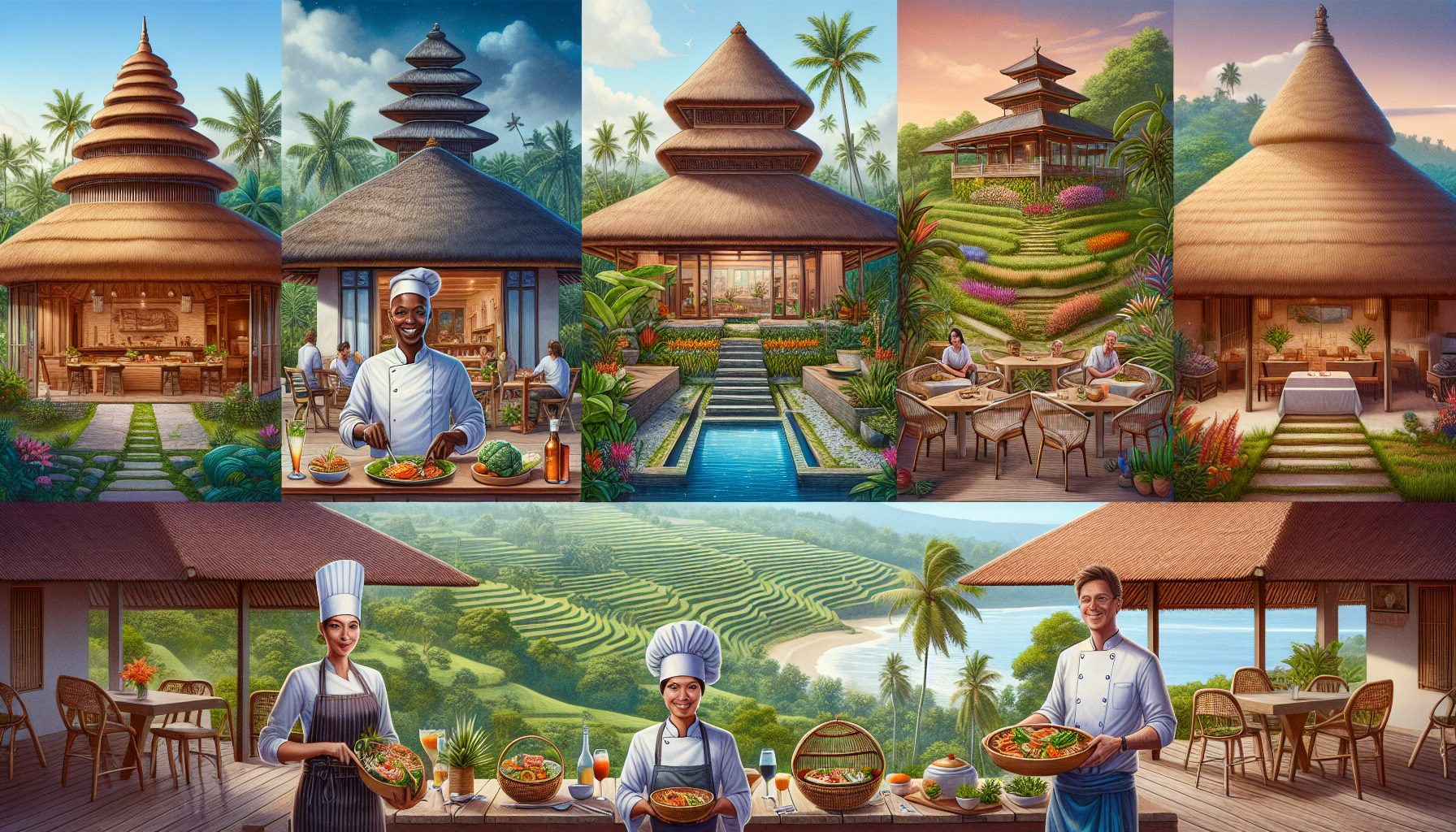 Create a vibrant and picturesque illustration showcasing five distinct farm-to-table restaurants in Bali. Each restaurant should be depicted with lush, tropical surroundings and fresh, local produce.