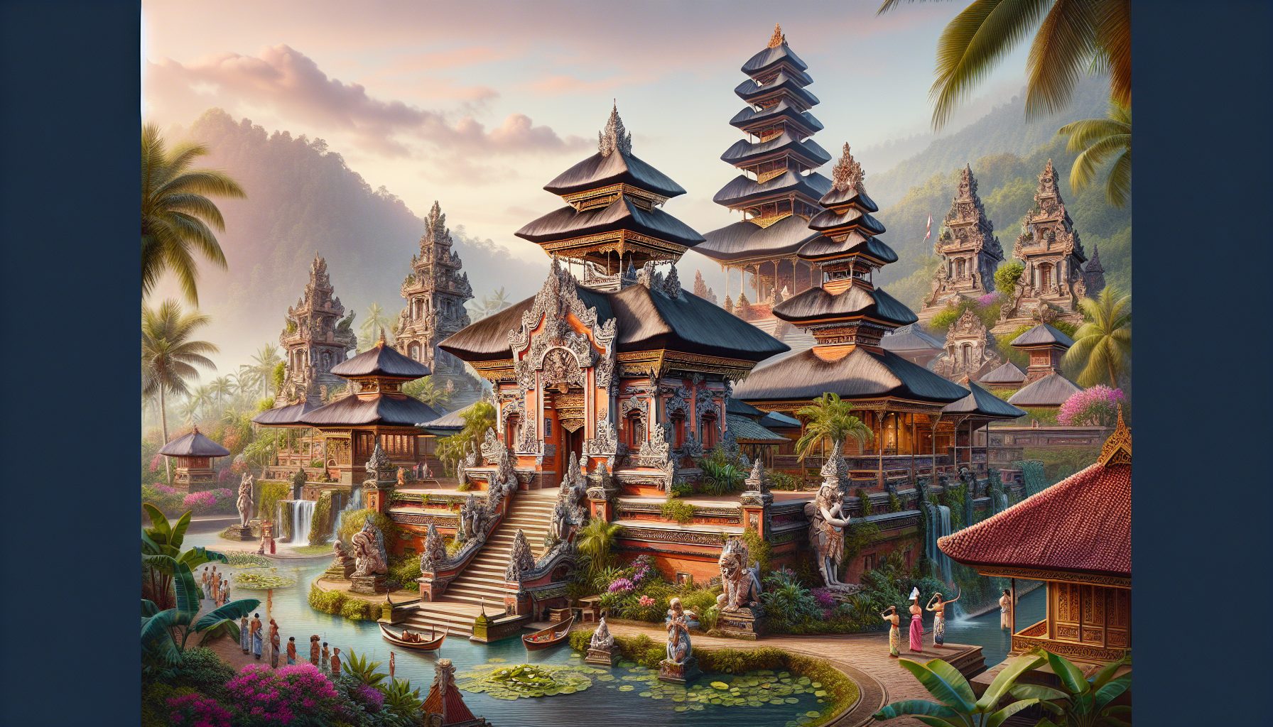 Create an image showcasing Bali's most renowned museums and cultural centers, including detailed, vibrant depictions of traditional Balinese art, historic artifacts, and cultural performances. The sce