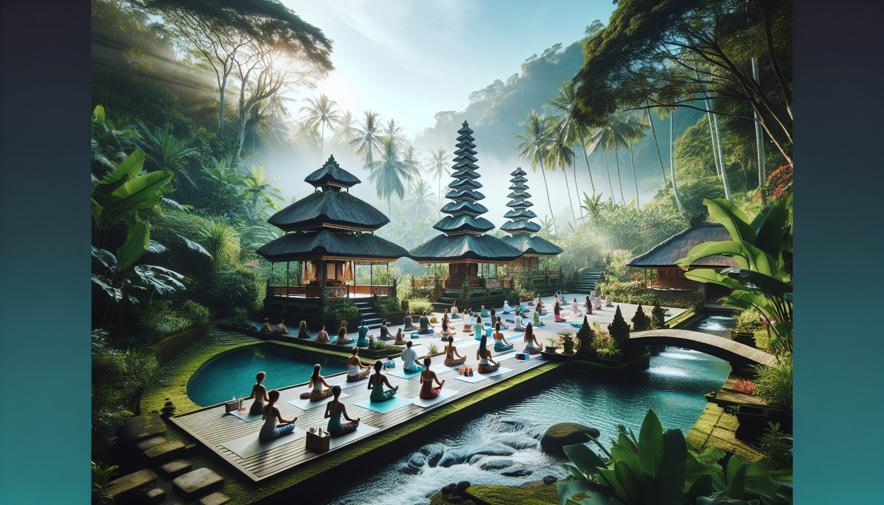 Create an image showcasing a serene Balinese yoga and wellness retreat. Visualize a tropical oasis with lush greenery, traditional Balinese architecture, and tranquil outdoor yoga spaces. Include peop