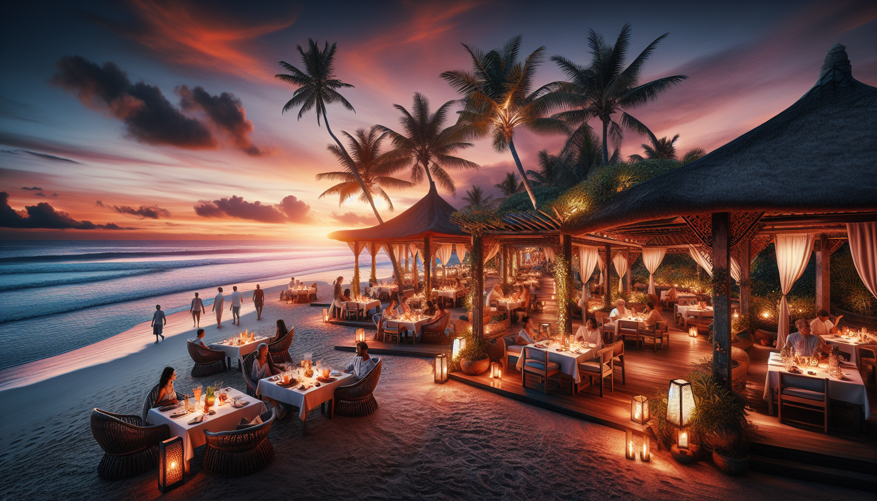 A breathtaking seaside view of Bali at sunset, with elegant beachfront restaurants featuring candlelit tables under rustic pergolas, gently swaying palm trees, and the calming waves of the ocean in th