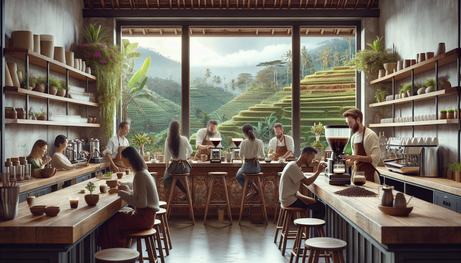 A picturesque cafe in Bali with rustic wooden furniture and large open windows showing a scenic view of lush green rice terraces. Inside the cafe, there are coffee enthusiasts enjoying their cups of f