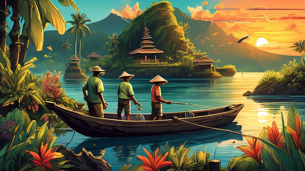 Create a vibrant and detailed illustration showcasing anglers at some of the best fishing spots in Bali. Highlight the lush tropical landscapes, crystal-clear waters, traditional Balinese fishing boat