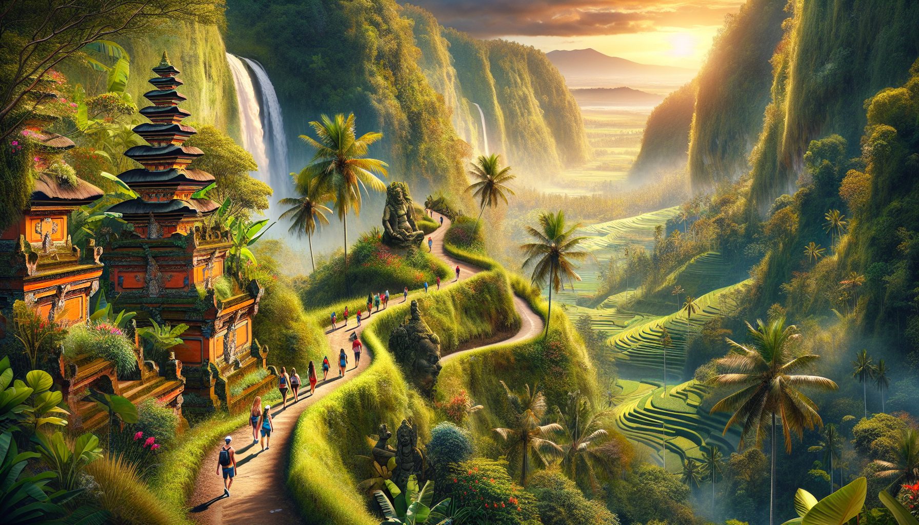 Create an image depicting a lush, tropical hiking trail in Bali. The scene should feature verdant foliage, cascading waterfalls, and towering palm trees. Show hikers walking along the trail, admiring