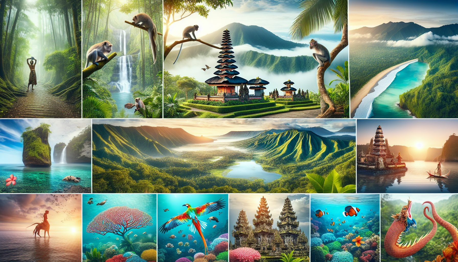 Create an image showcasing the breathtaking landscapes of Bali's top national parks and reserves. Highlight lush tropical rainforests, diverse wildlife, misty mountains, pristine beaches, and vibrant