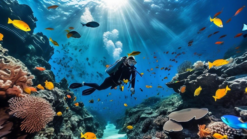 Create a vibrant underwater scene showcasing the best scuba diving spots in Bali. Include coral reefs teeming with colorful fish, a sea turtle swimming gracefully, and a diver exploring the underwater