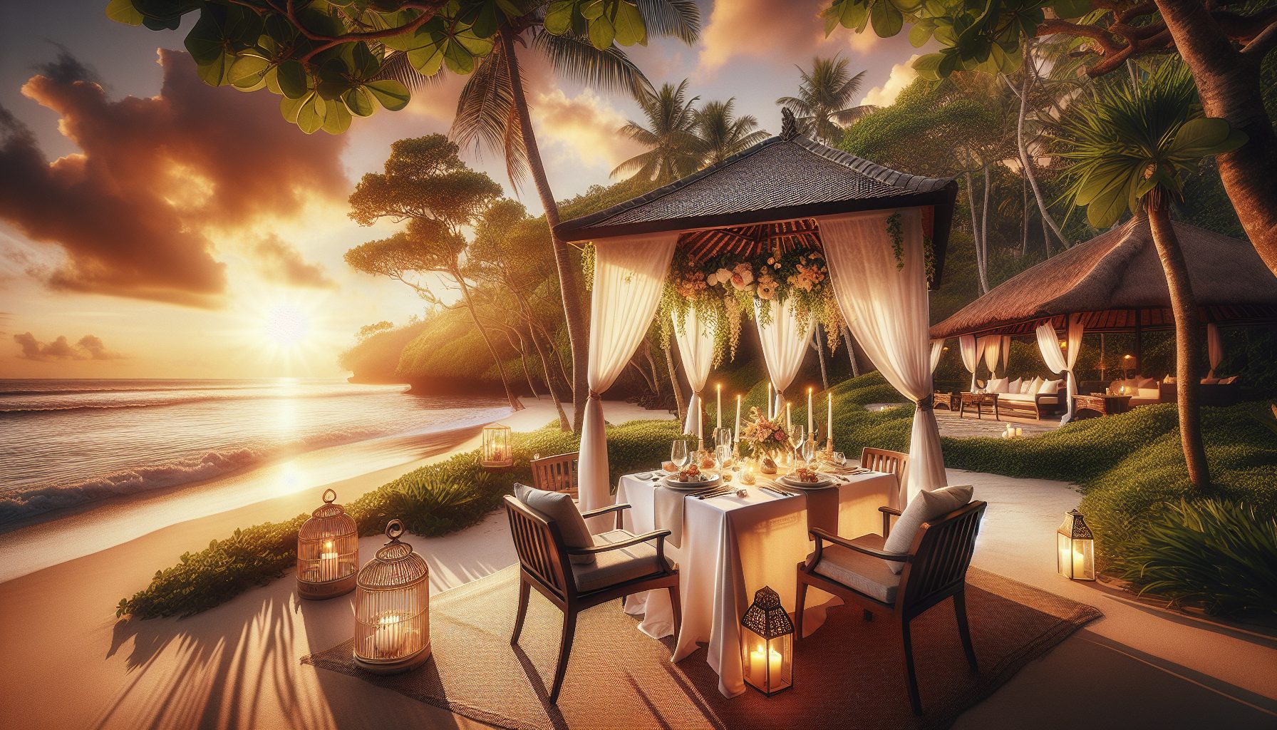 Create an image of a luxurious, romantic dinner setting on a secluded beach in Bali during sunset. The table is elegantly set with white tablecloth, candles, and fine dining utensils, under a canopy a