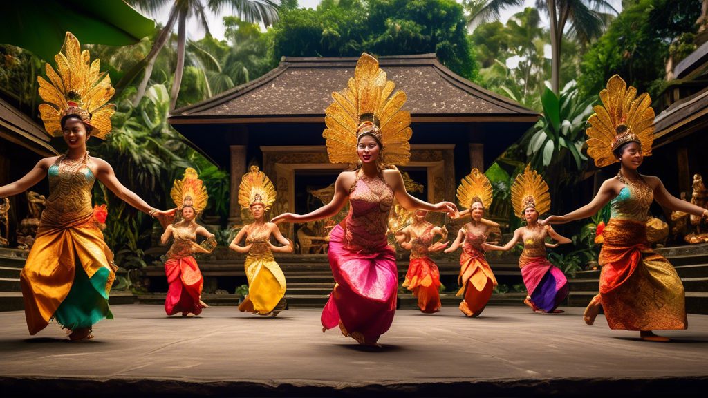 Create an image of a vibrant Balinese dance performance taking place in a traditional open-air temple courtyard, surrounded by lush tropical foliage and ancient stone carvings. Dancers are adorned in