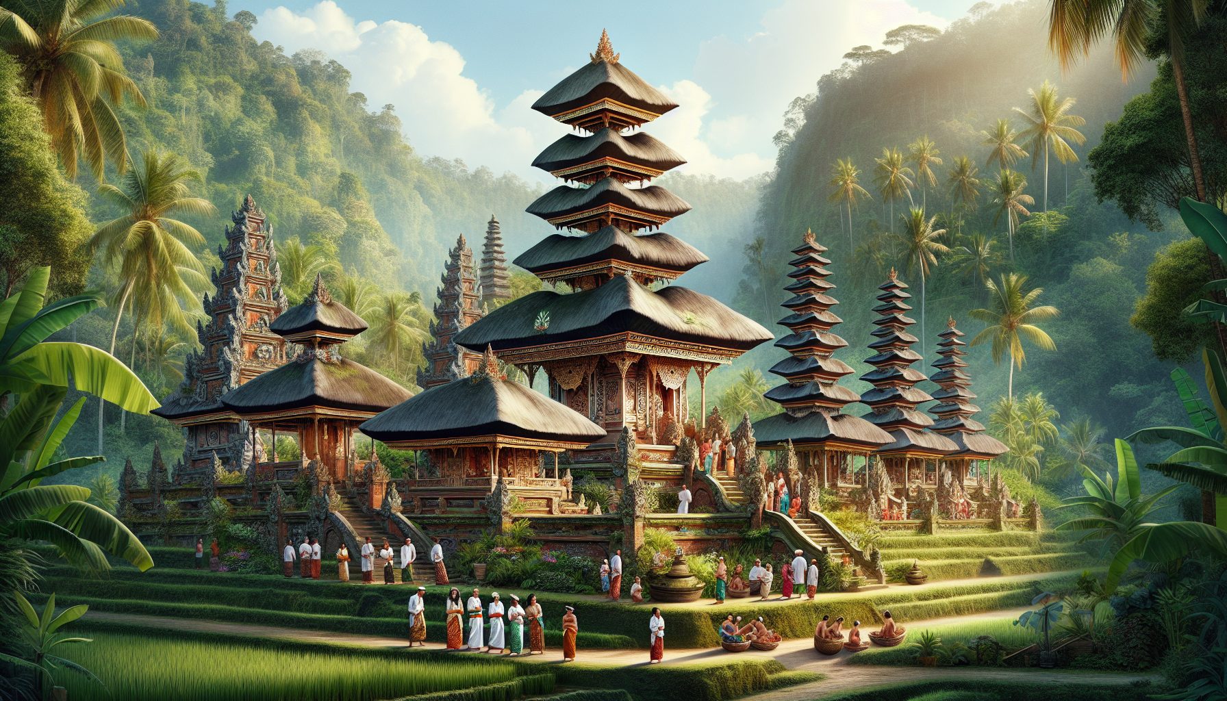 Create an artistic illustration of traditional Balinese architecture, showcasing ornate temples with intricate carvings, lush tropical landscapes, tiered pagoda-style roofs (meru), and serene rice ter