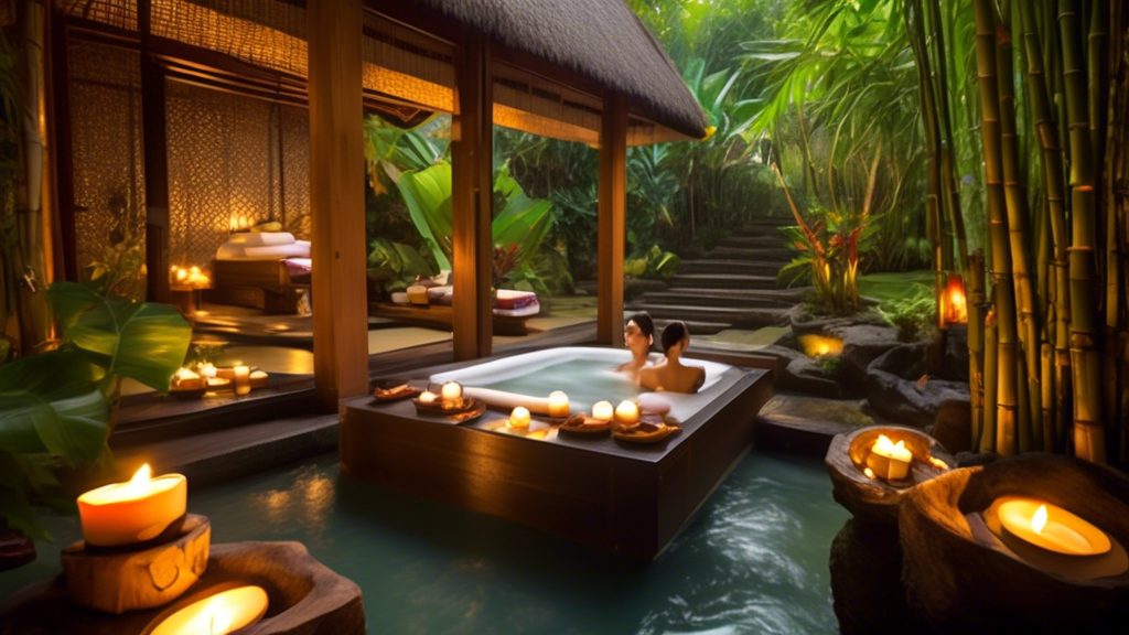 Create an image of a luxurious spa setting in Bali, with serene Balinese tropical gardens, tranquil water features, and traditional bamboo structures. Include a depicted spa client receiving a relaxin