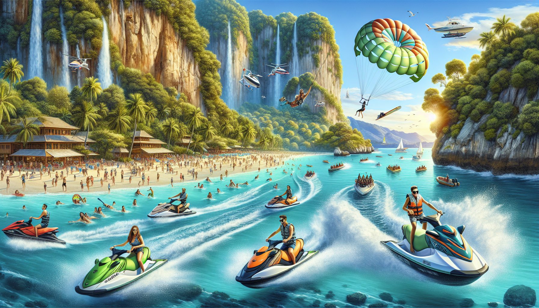 A vibrant scene showcasing various water sports activities in Bali: tourists surfing on the famous Kuta Beach with scenic cliffs in the background, groups of people jet-skiing in the crystal-clear wat