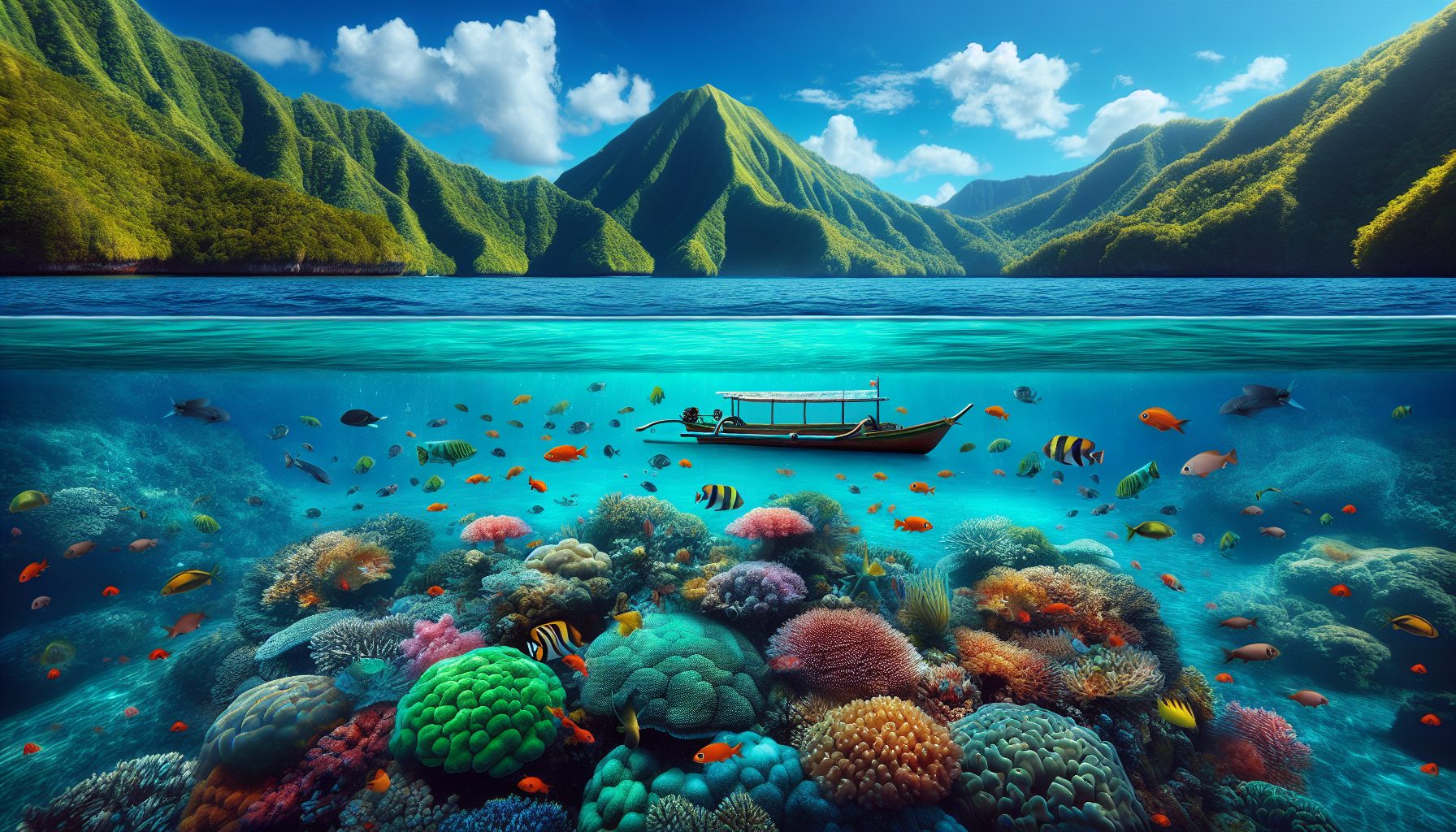 An underwater view of one of the best snorkeling spots in Bali, featuring vibrant coral reefs, a variety of colorful tropical fish, and clear turquoise waters. In the background, a traditional Balines