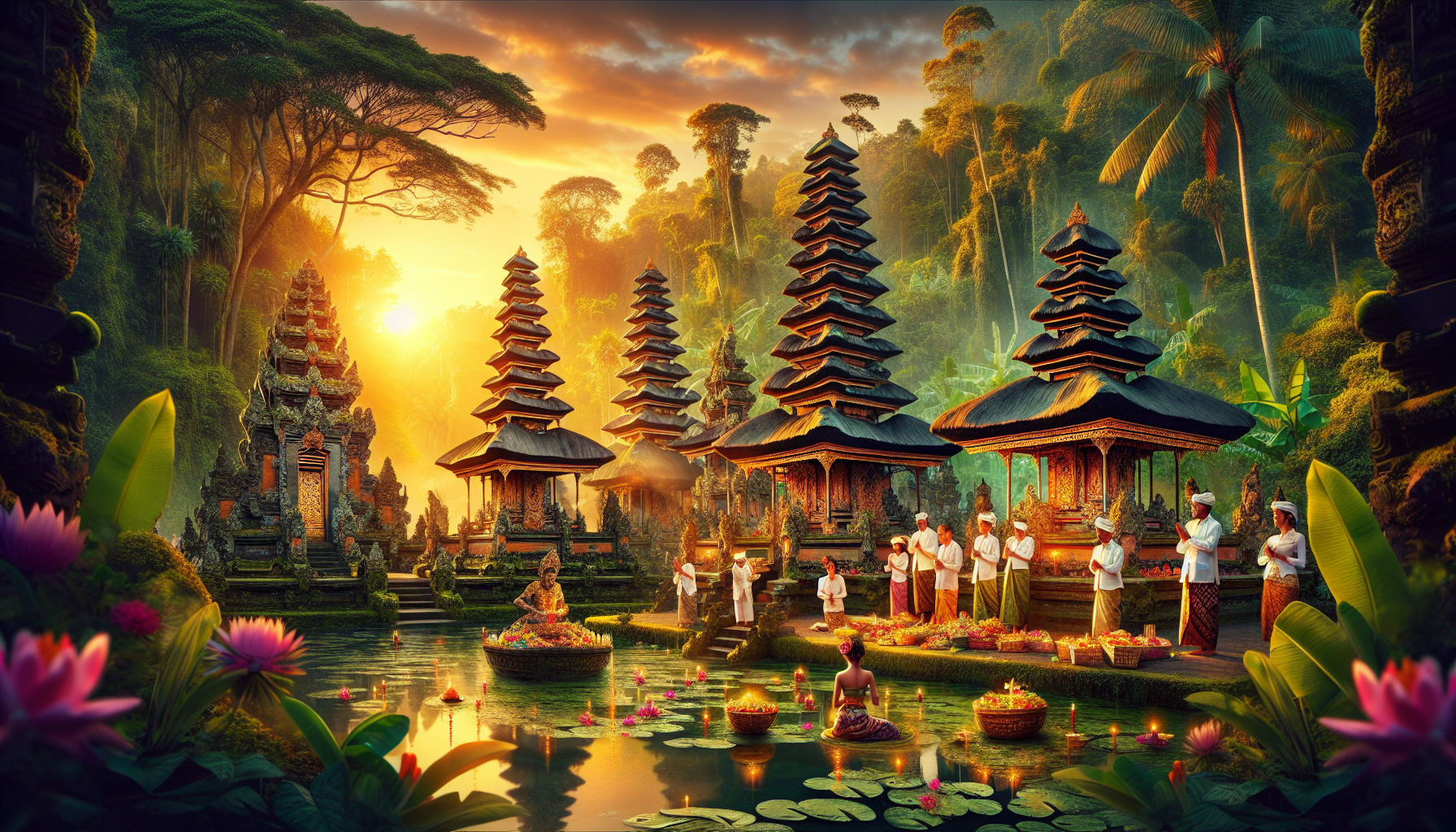 Create a vibrant image of Bali's beautiful temples at sunset, with intricate stone carvings, lush green jungle surroundings, and colorful offerings. Include devotees in traditional Balinese attire per