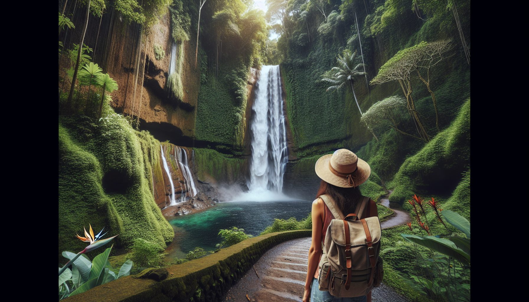 An adventurous traveler discovers a hidden waterfall in the lush, tropical jungles of Bali. The waterfall cascades from a high cliff into a crystal-clear pool surrounded by vibrant green foliage and e