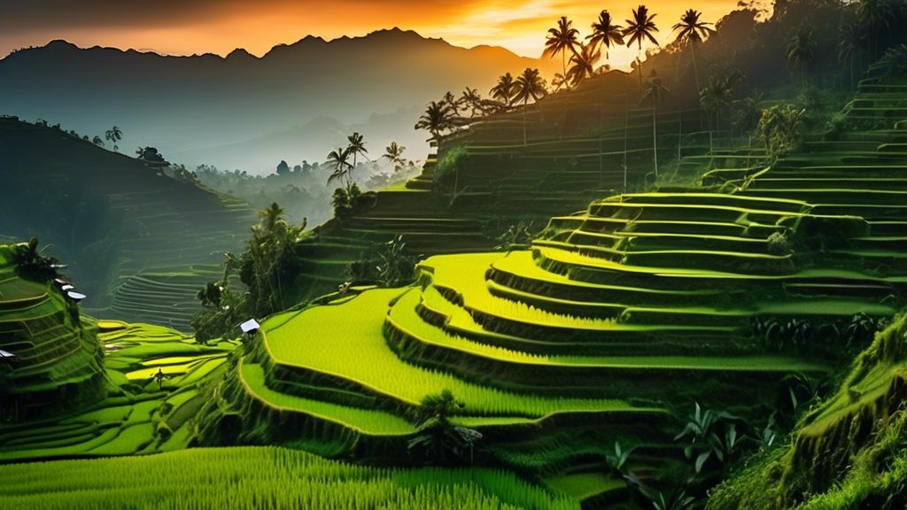 Create a breathtaking image capturing Bali's iconic rice terraces during a vibrant sunset. Show lush, green stepped fields cascading down the hillsides, with farmers in traditional Balinese attire wor