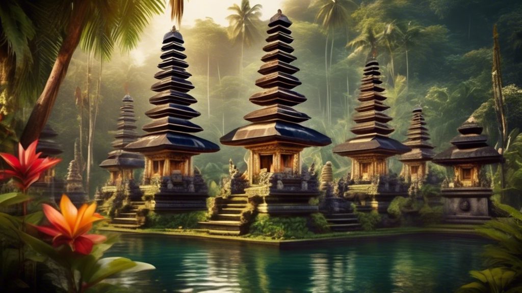 Create a vibrant, detailed image of Bali's famous temples nestled amidst lush tropical vegetation. Show traditional Balinese architecture, including intricately carved stone structures and tiered pago