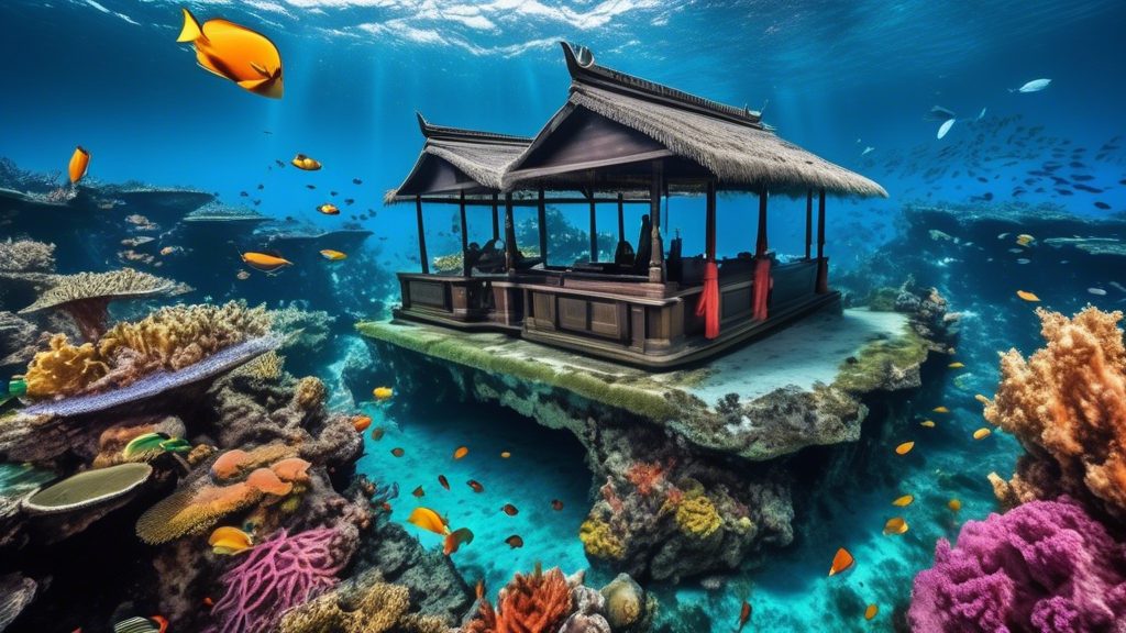 Create an underwater scene set in the vibrant marine ecosystem surrounding Bali. The image should showcase a diverse array of colorful coral reefs and various marine life including sea turtles, tropic