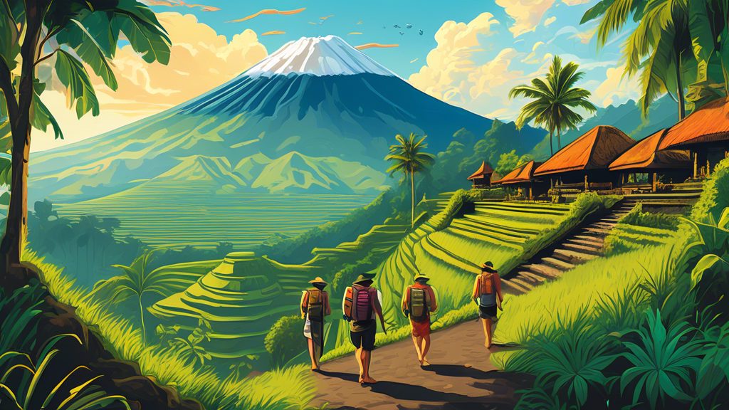 Create a vibrant and detailed illustration of Bali's volcanoes, featuring travelers hiking up the lush, green slopes of an active volcano with scenic views of rice terraces and traditional Balinese te