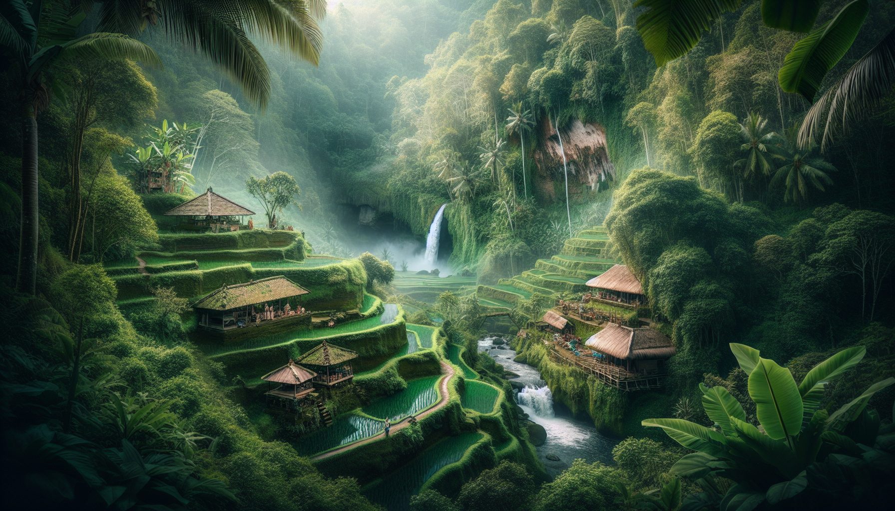 Create an image of a serene, untouched location in Bali, including lush green rice terraces, a hidden waterfall surrounded by dense tropical forest, and a quaint traditional Balinese village with loca