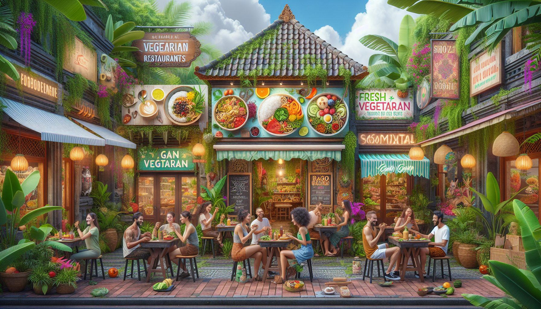 Create an image of a vibrant street in Bali filled with bustling vegan and vegetarian restaurants. Show colorful storefronts with signs advertising fresh, organic, and plant-based dishes. Include outd