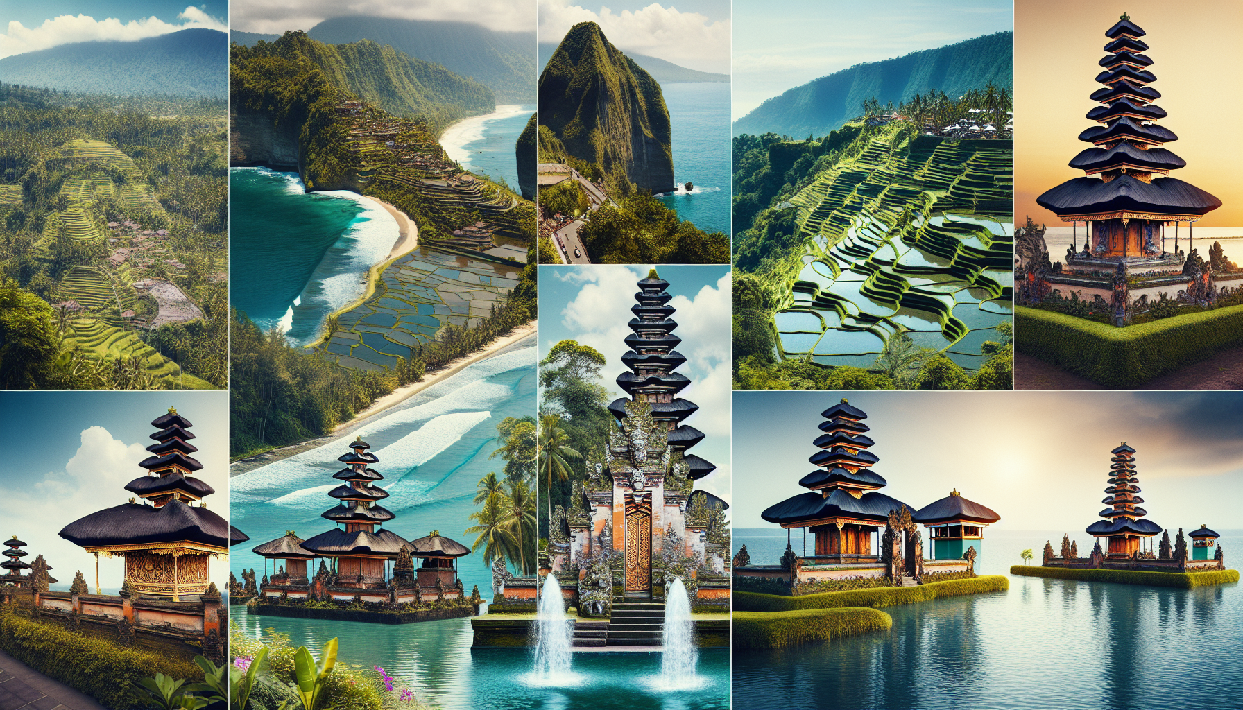 Create an image featuring a collage of some of the most iconic historical sites in Bali. Include the ancient temples of Uluwatu perched on a cliff overlooking the ocean, the terraced rice fields of Te