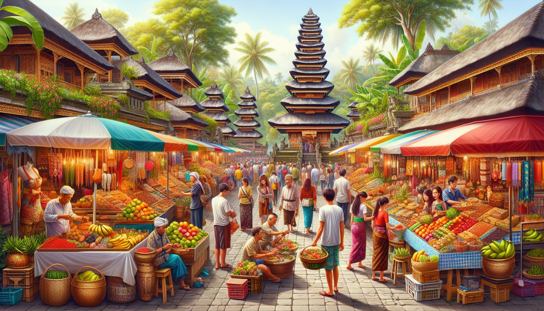 Create an image capturing the vibrant and colorful atmosphere of the best markets and bazaars in Bali. Include a variety of stalls showcasing local crafts, traditional Balinese clothing, handmade jewe