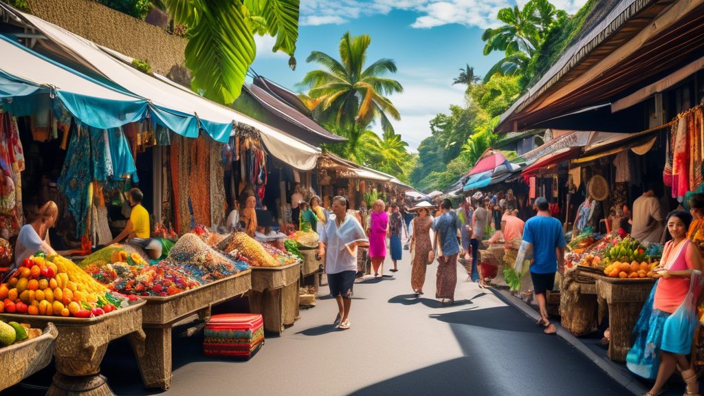 A vibrant street scene in Bali filled with colorful market stalls overflowing with exotic fruits, handmade crafts, and beautiful textiles. Shoppers casually stroll by, examining goods while boutique s