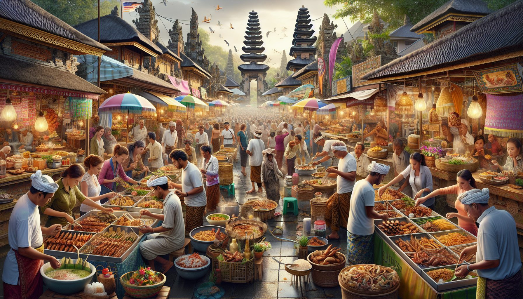 Create an image of a vibrant street market in Bali, bustling with diverse food stalls offering traditional Balinese street food. Include a variety of colorful dishes such as sate, nasi goreng, and bab