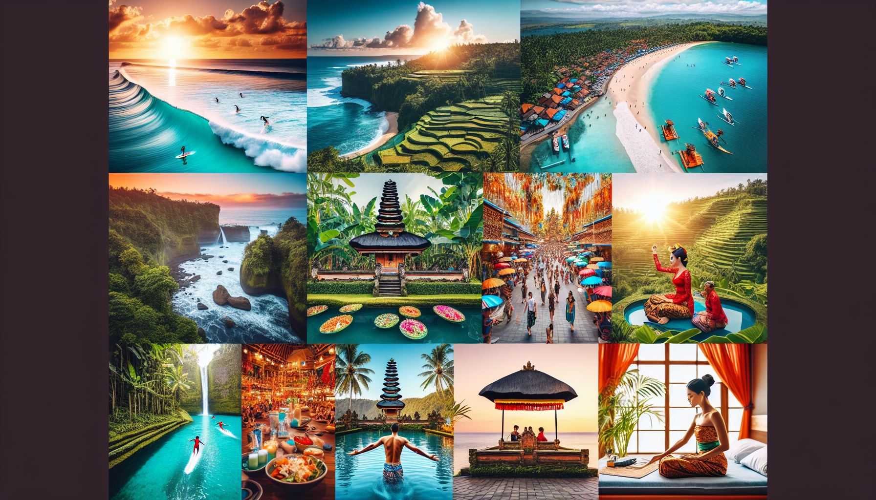 Create a vibrant and diverse collage of Bali featuring iconic landmarks and activities: a serene beach with clear turquoise water and surfers riding the waves, a lush rice terrace in Ubud, a tradition