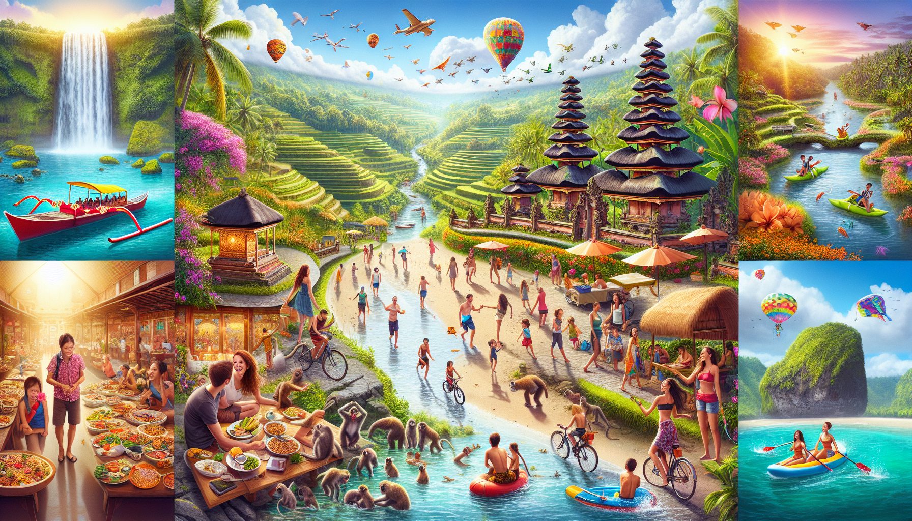 Create a vibrant scene showcasing a tropical paradise in Bali, filled with family-friendly activities. Include smiling families enjoying a variety of activities such as visiting a temple, riding bicyc