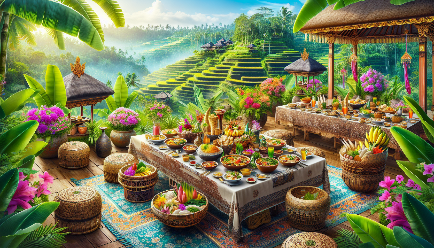 A vibrant scene showing a variety of traditional Balinese dishes beautifully arranged on a table, set against the backdrop of a lush tropical landscape. Decorative elements such as banana leaves, bamb