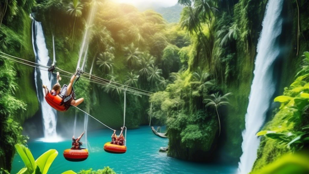 Create a vibrant and energetic image showcasing the top adventure parks in Bali, filled with thrill-seekers enjoying a variety of activities. Include scenes of zip-lining through tropical jungles, whi