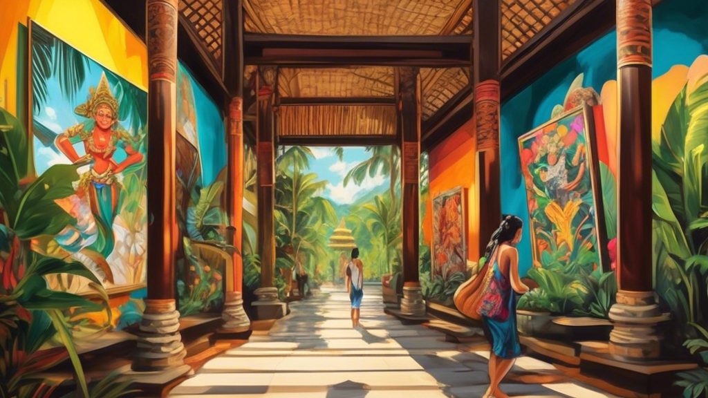 Create a vibrant illustration showcasing the top 5 art galleries and exhibitions in Bali. Feature a variety of art styles including traditional Balinese art, contemporary pieces, sculptures, and abstr