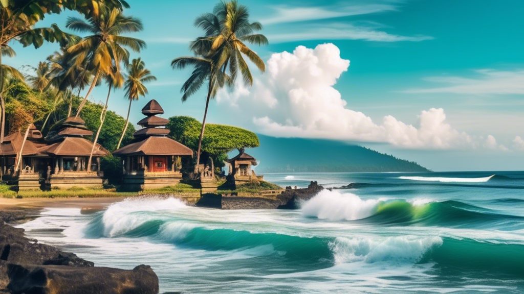 Create a vibrant and colorful image showcasing the beauty of the top 5 coastal towns in Bali. Include stunning beachfront views with turquoise waters, cozy beachside cafes, traditional Balinese temple