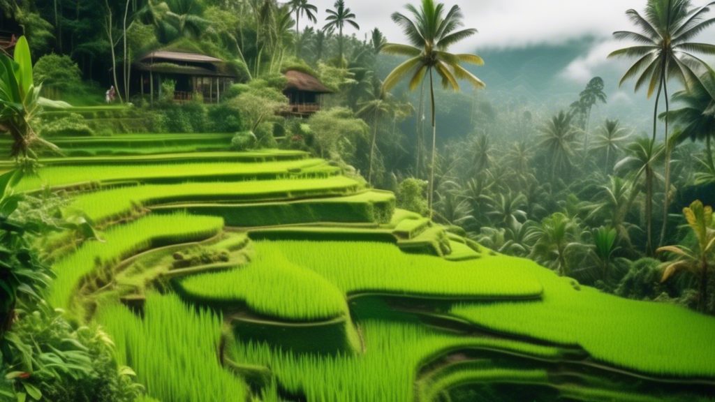 A vibrant and lush tropical landscape in Bali showcasing eco-tourism activities: tourists hiking through dense green rainforests, a guided tour in a serene rice terrace field, people snorkeling in cry