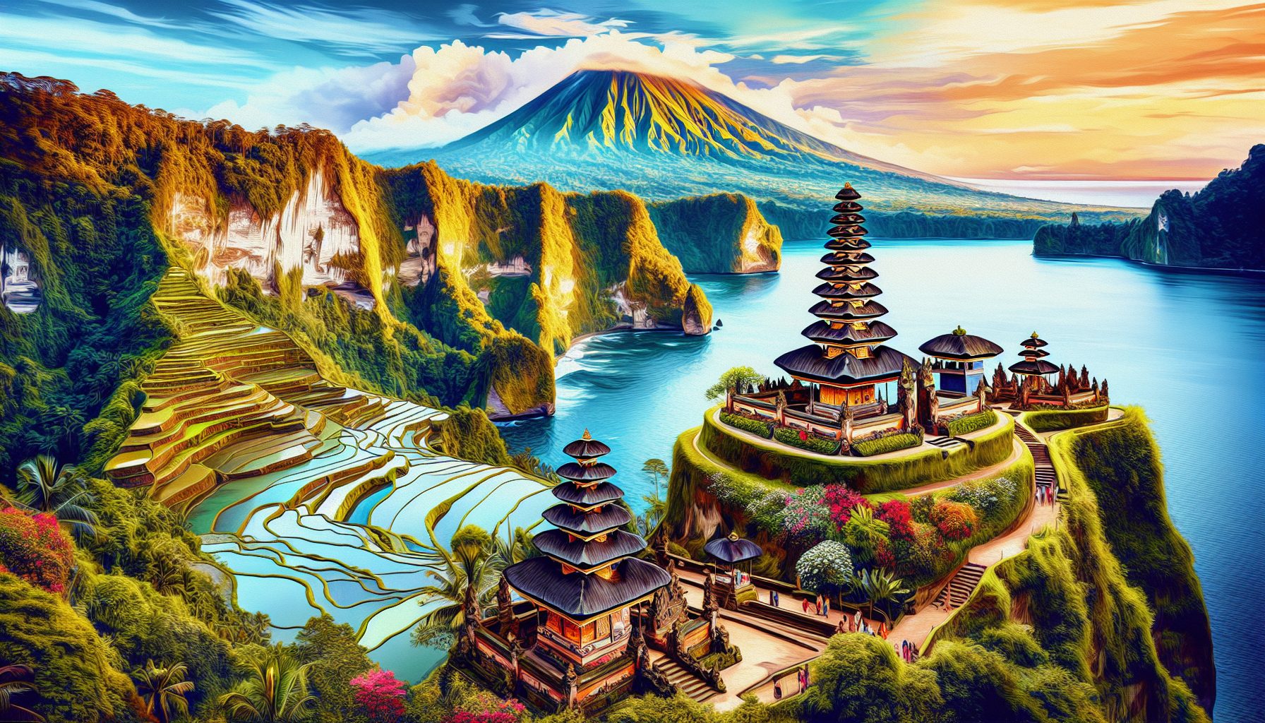 Create an artistic collage showcasing the top 5 iconic landmarks in Bali: the ancient and magnificent Uluwatu Temple perched on a cliffside, the strikingly beautiful Tanah Lot Temple surrounded by oce