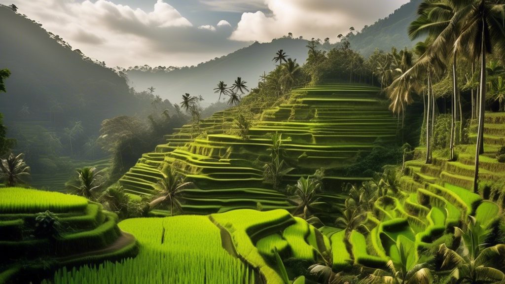 Create an image of a serene Balinese landscape featuring lush green rice terraces, a tranquil beach with crystal-clear waters, and traditional Balinese temples. Include five distinct meditation retrea