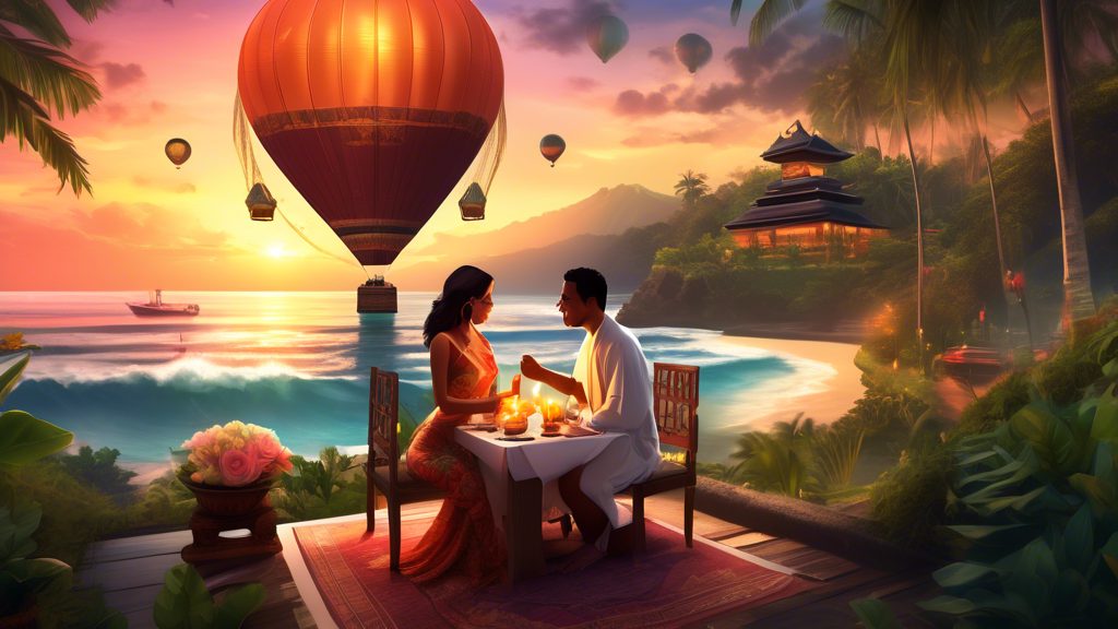 Create an enchanting digital illustration showcasing a couple enjoying the top 5 romantic activities in Bali: a romantic sunset dinner on the beach with candles lighting up the scene, a serene hot air