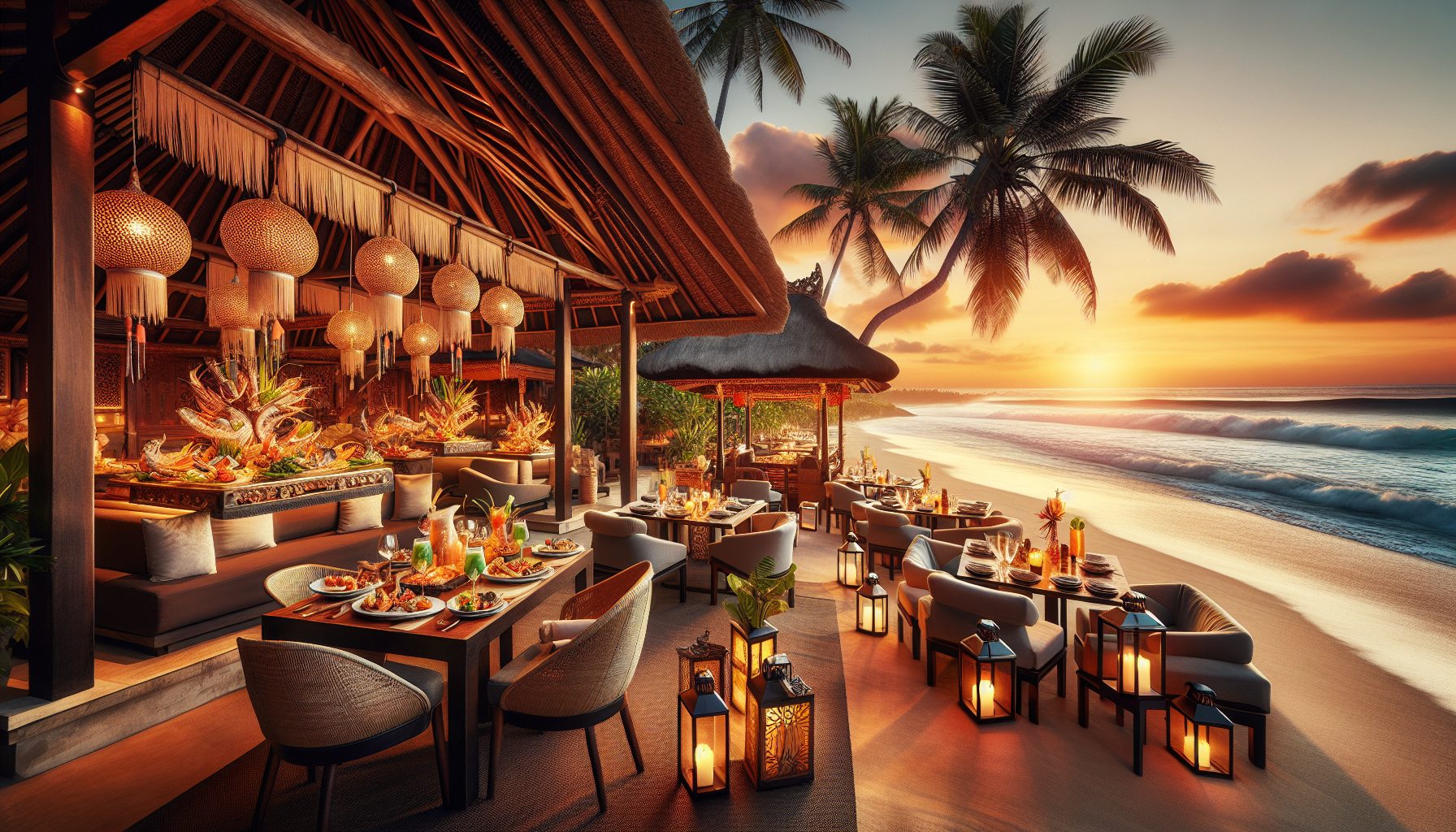 Create an image of a serene Balinese beach at sunset, with a sophisticated seafood restaurant in the foreground. The restaurant features elegant outdoor seating with lanterns, showcasing beautifully p