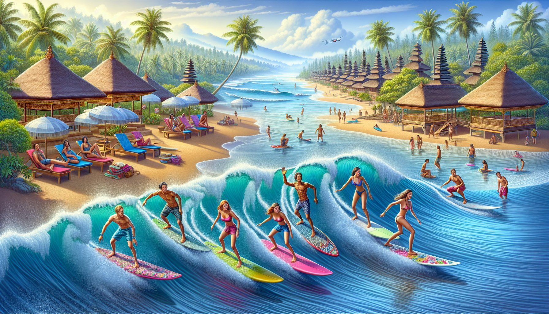 A vibrant coastal scene showcasing five picturesque beaches in Bali, each with gentle, inviting waves perfect for beginner surfers. Show enthusiastic new surfers riding the waves, colorful surfboards,