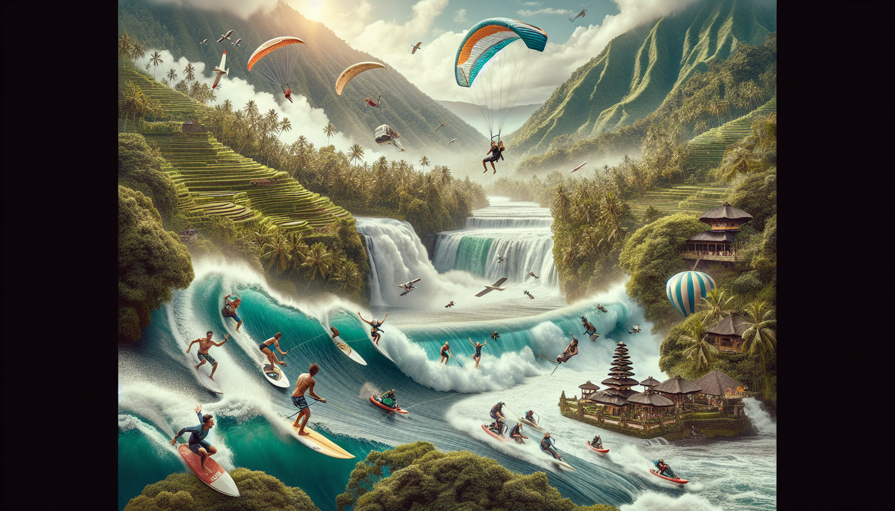 Create an image showcasing a vibrant scene of adventure sports in Bali, incorporating activities such as surfing on massive waves, paragliding over lush tropical landscapes, and white-water rafting do