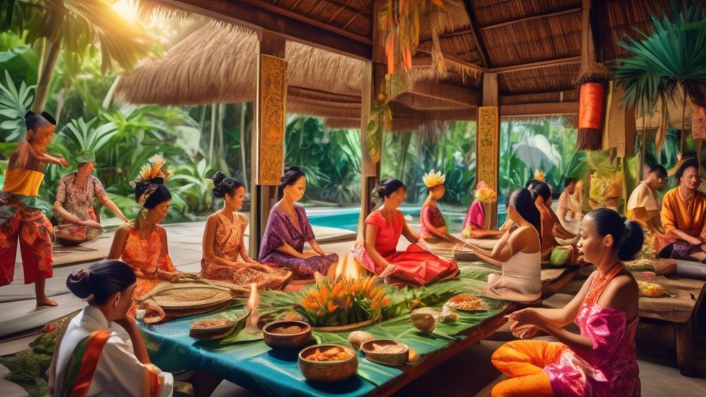 Create an image depicting a vibrant Balinese workshop scene. Include a traditional Balinese dance class with people in colorful costumes, a batik fabric painting workshop with participants focused on