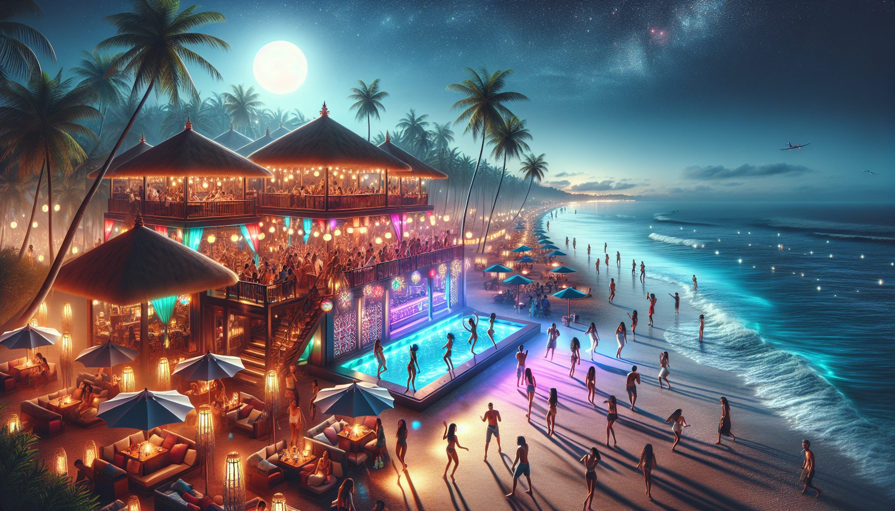 Create an image showcasing the vibrant nightlife of Bali. Depict a bustling beachside bar with tiki torches and colorful lanterns lighting up the area. Include a diverse crowd of people dancing to liv