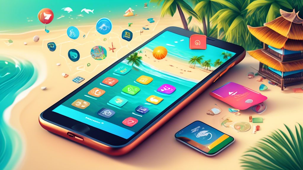 Create a vibrant digital illustration of a smartphone screen filled with app icons against the backdrop of a picturesque Bali beach scene. The icons should represent essential travel apps like languag