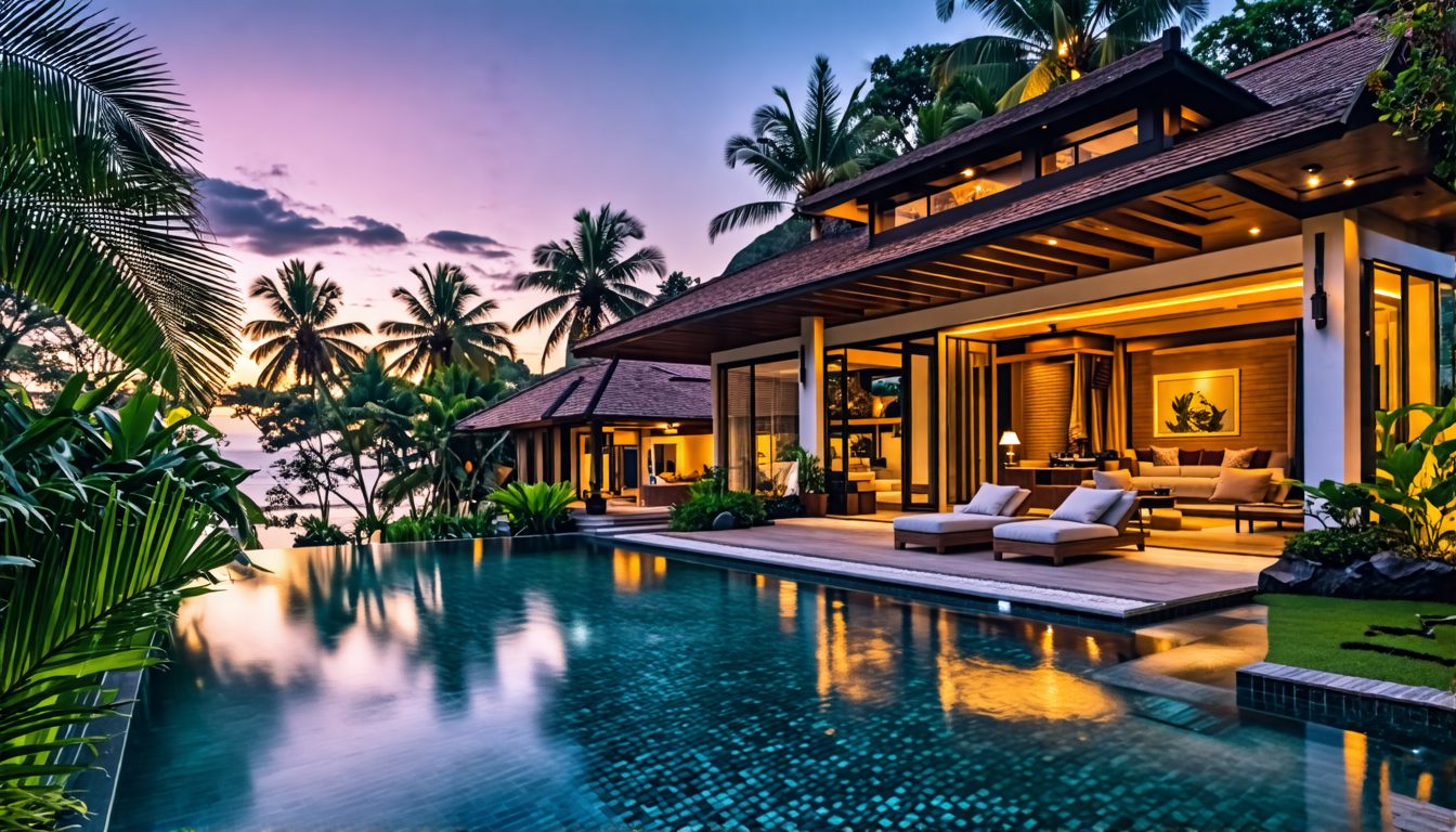 Create an image depicting five luxurious villas in Bali, each with its unique architectural style and design. Highlight the tropical surroundings, such as lush greenery, palm trees, and beautiful ocea