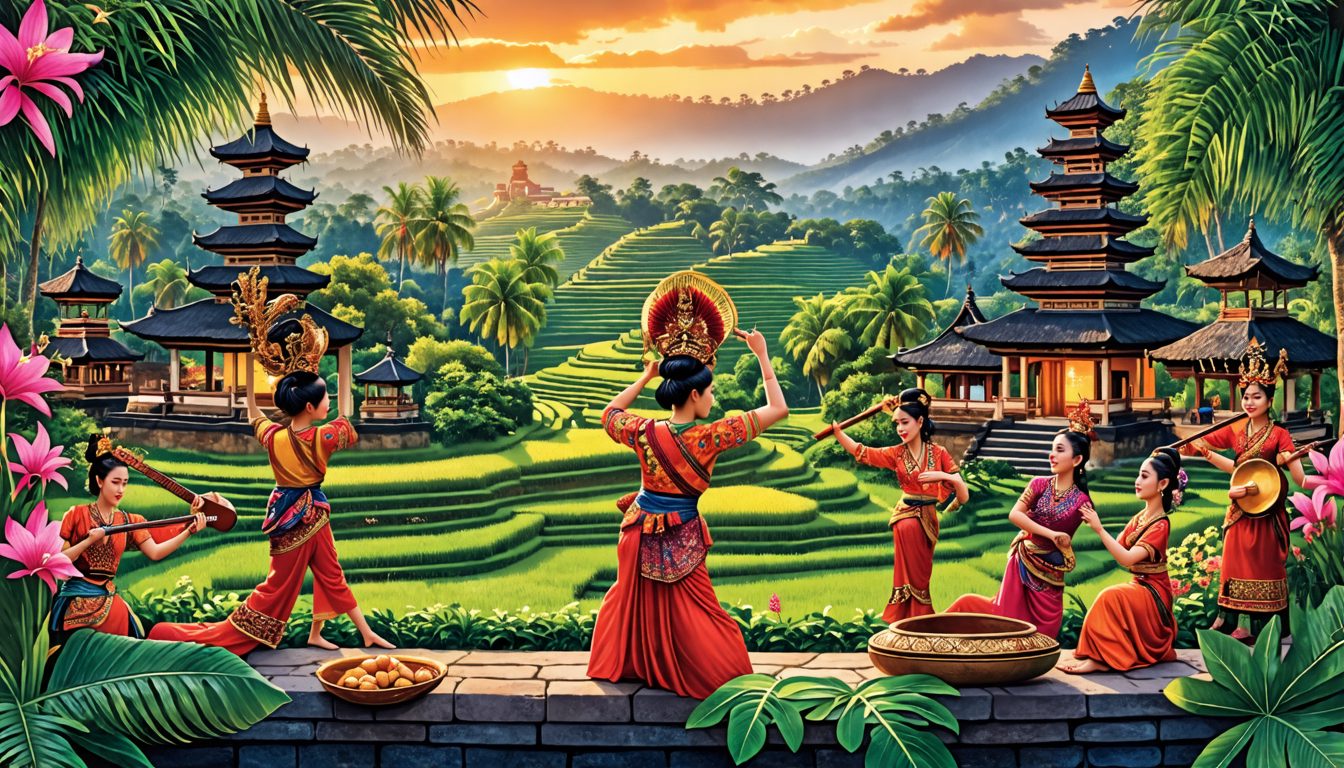 Create a vibrant and detailed illustration showcasing the rich cultural heritage of Bali. Include traditional Balinese dancers in colorful costumes, musicians playing gamelan instruments, ancient temp