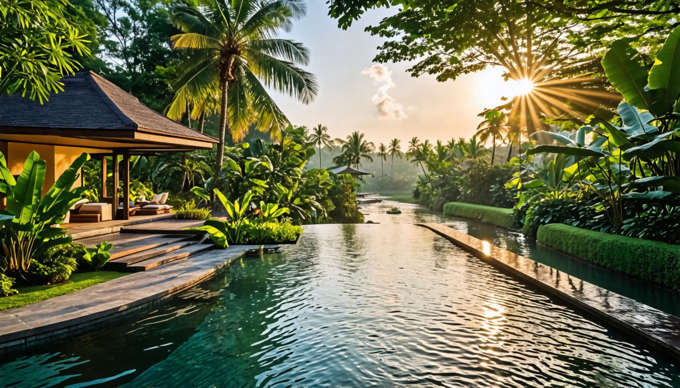 Create a serene and luxurious image of the COMO Shambhala Estate in Bali, showcasing its lush tropical surroundings, tranquil rivers, and elegant wellness facilities. Include elements of yoga, meditat